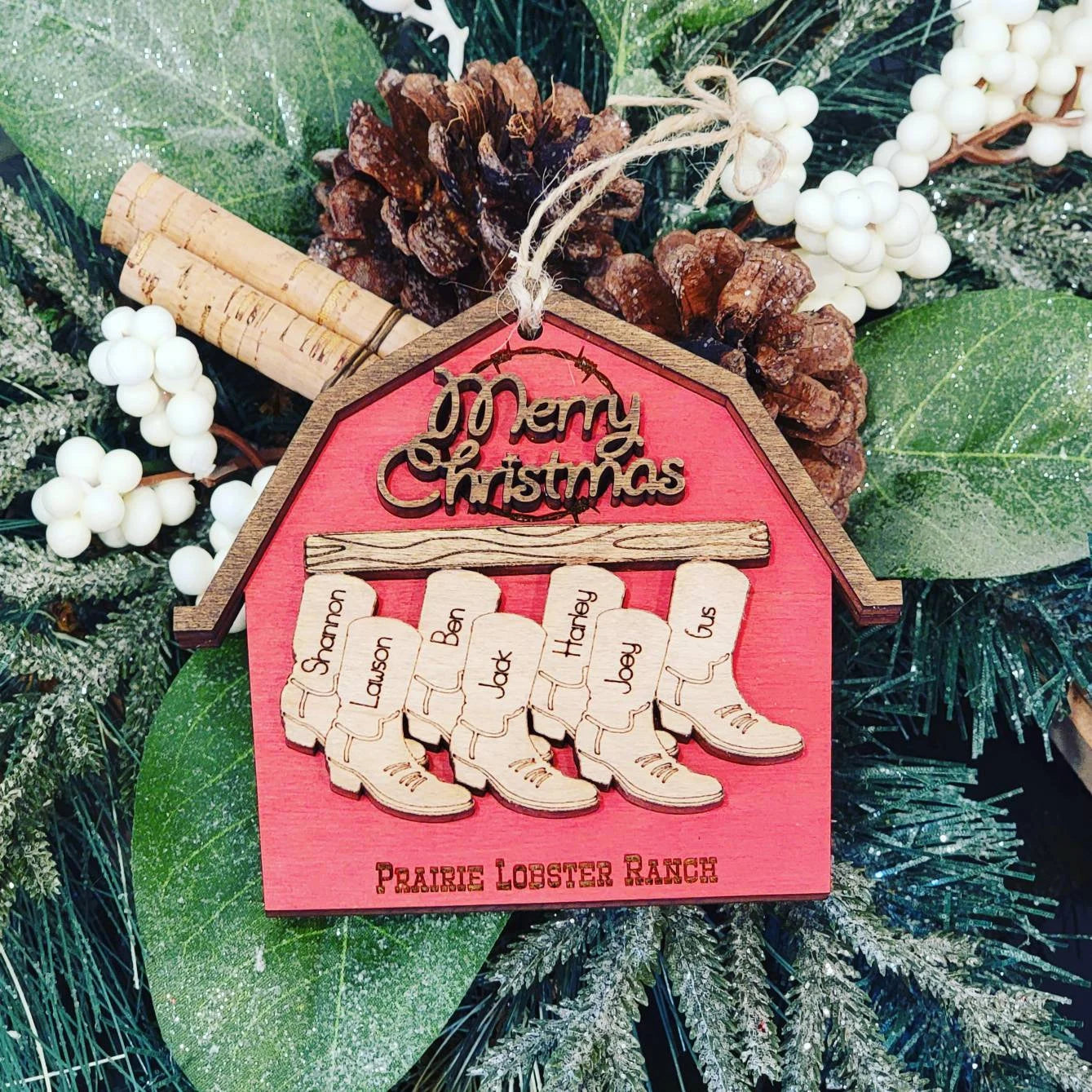 Cowboy Christmas Wood Ornament ~ Barn Ornament ~ Cowboy Boots ~ Personalized Family Names ~ Rustic Ornament ~ Farmer Ornament ~ Ranch
