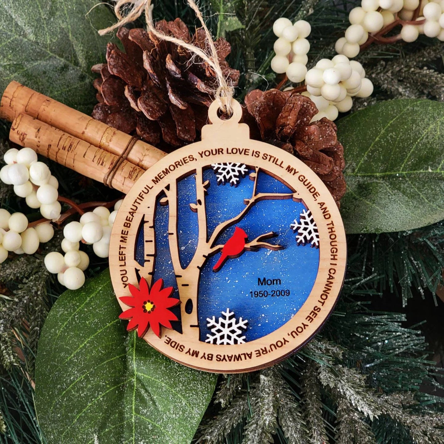 Personalized Cardinal Memorial Wooden Christmas Ornament ~ Always By My Side ~ Loved One ~ In Memory Of ~ Missing You ~ Wood Ornament