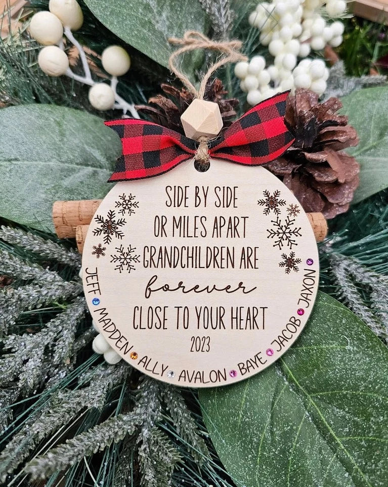 Adorable Side by Side Christmas Ornament ~ Long Distant ~ Laser Engraved ~ Grandparent Engraved Wooden ~ Grandchildren Christmas ~ Personalized Grandchildren Names