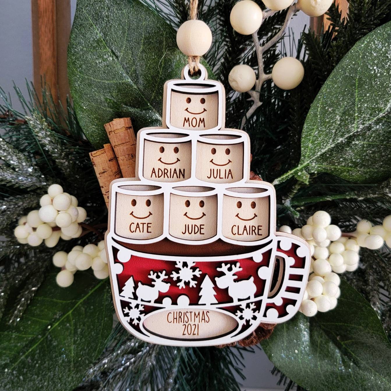 Personalized Christmas Ornament ~ Hot Chocolate ~ Marshmallows ~ Mug ~ Merry Christmas ~ Kids names ~ Family Ornament ~ 2023 Personalised