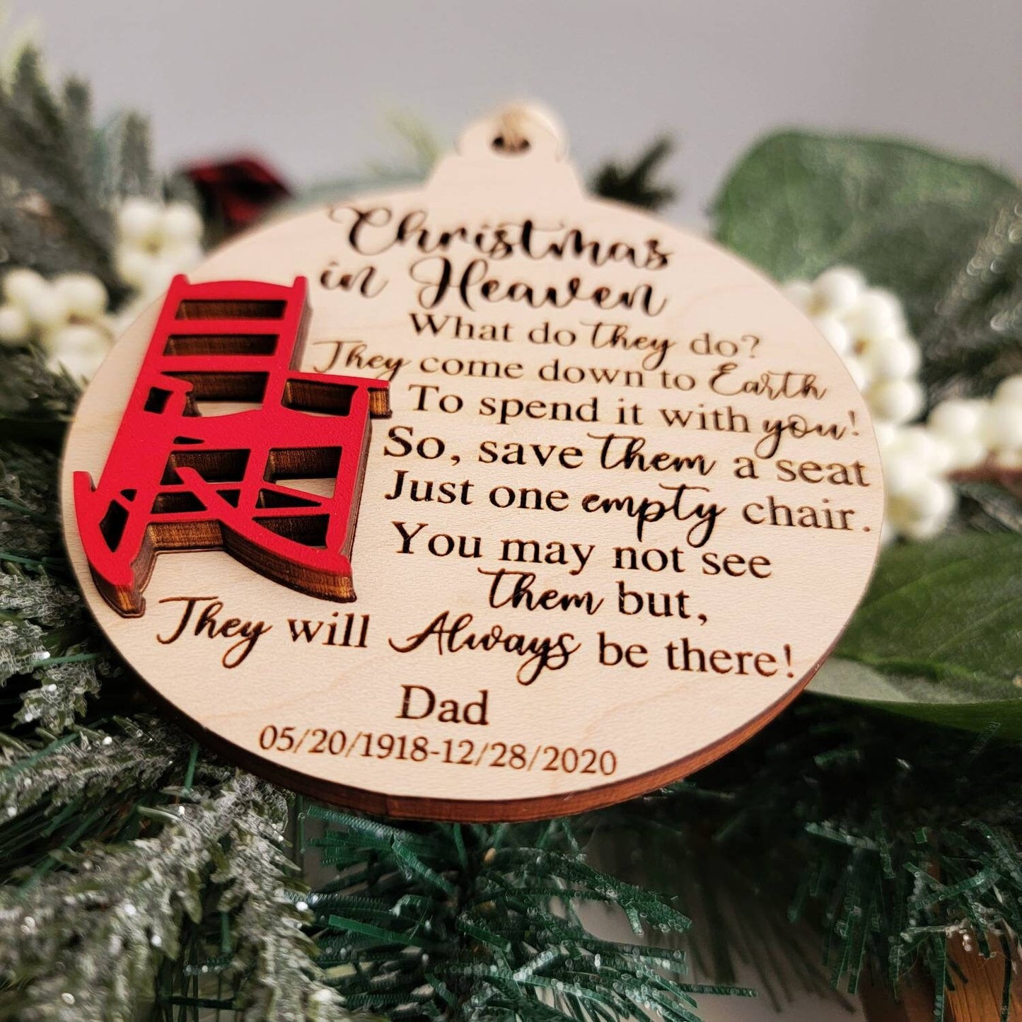 Christmas in Heaven Ornament ~ Personalized Wooden Ornament ~ Laser Cut ~ Memorial ~ In Memory Of ~ Lost Loved One ~ Personalised Ornament