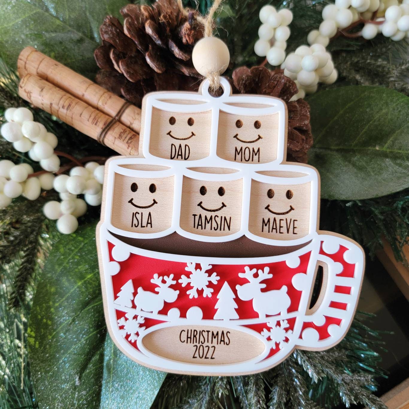 Personalized Christmas Ornament ~ Hot Chocolate ~ Marshmallows ~ Mug ~ Merry Christmas ~ Kids names ~ Family Ornament ~ 2023 Personalised