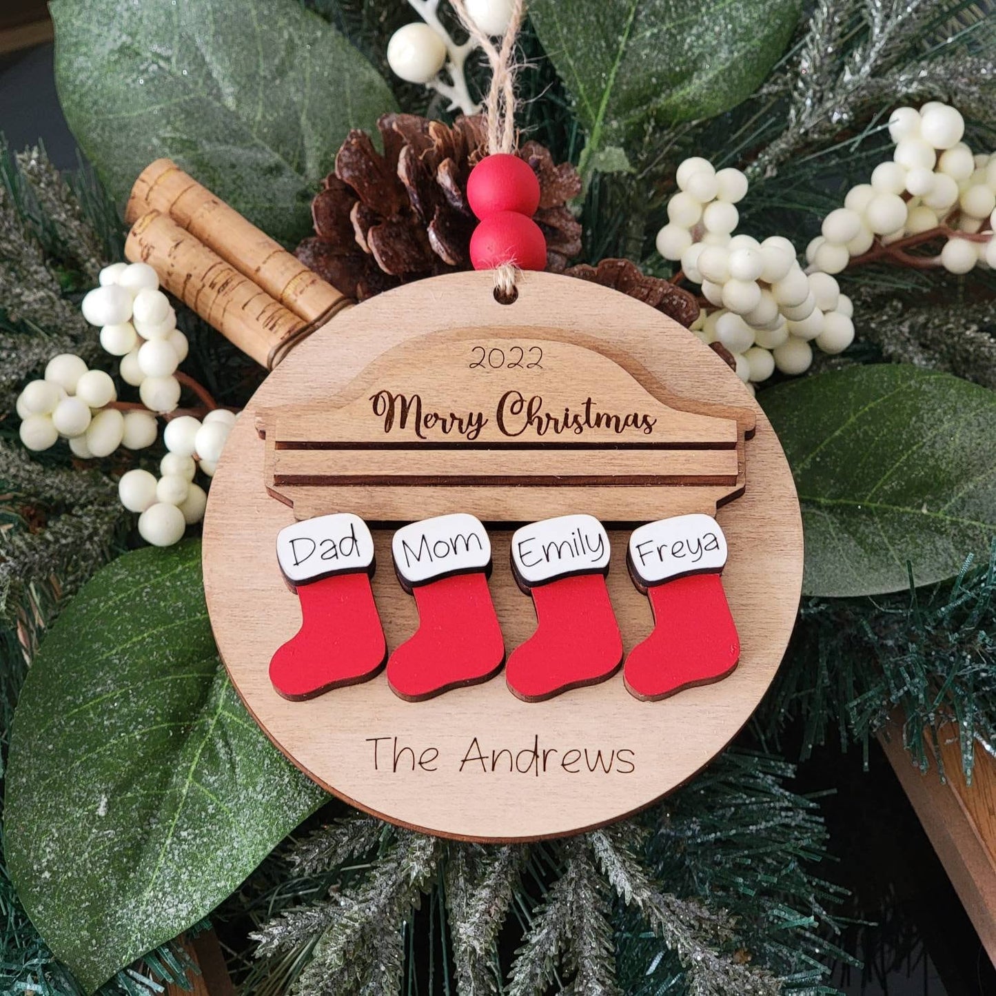 Wooden Stocking Personalized Christmas Ornament ~ Family Names ~ Kids ~ Grandkids ~ Grandchildren ~ Mantel ~ Family Ornament ~ Wood