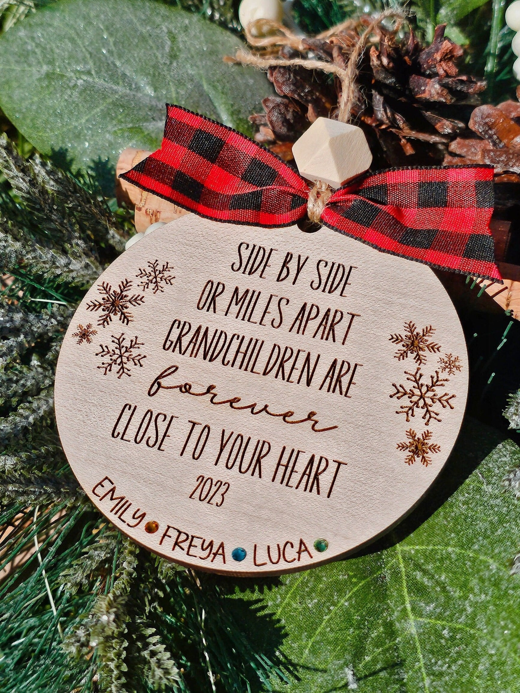 Side by Side Christmas Ornament ~ Long Distant ~ Grandparent Engraved Wooden ~ Grandchildren Christmas ~ Personalized Grandchildren Names