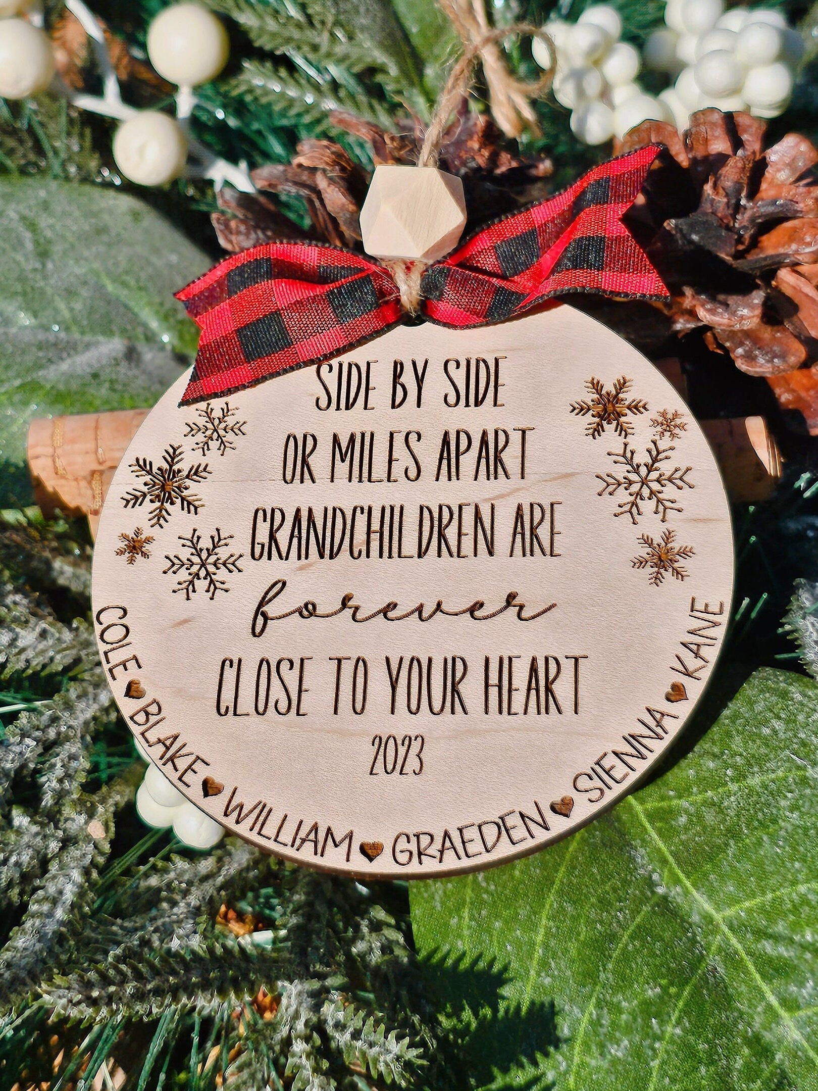 Side by Side Christmas Ornament ~ Long Distant ~ Grandparent Engraved Wooden ~ Grandchildren Christmas ~ Personalized Grandchildren Names