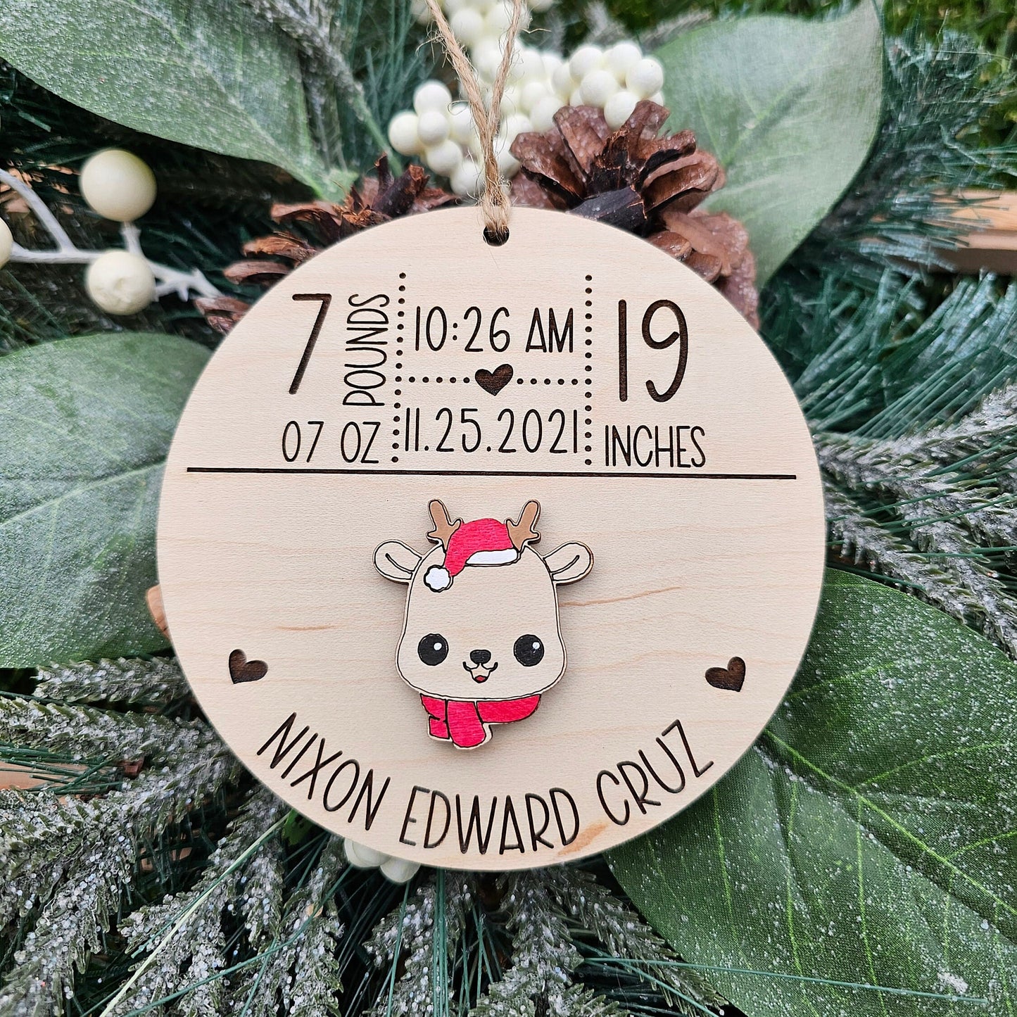 Birth Stat Personalized Baby's First Christmas Ornament ~ Laser Engraved Wooden Ornament ~ Baby Weight ~ Baby Height ~ New Parents