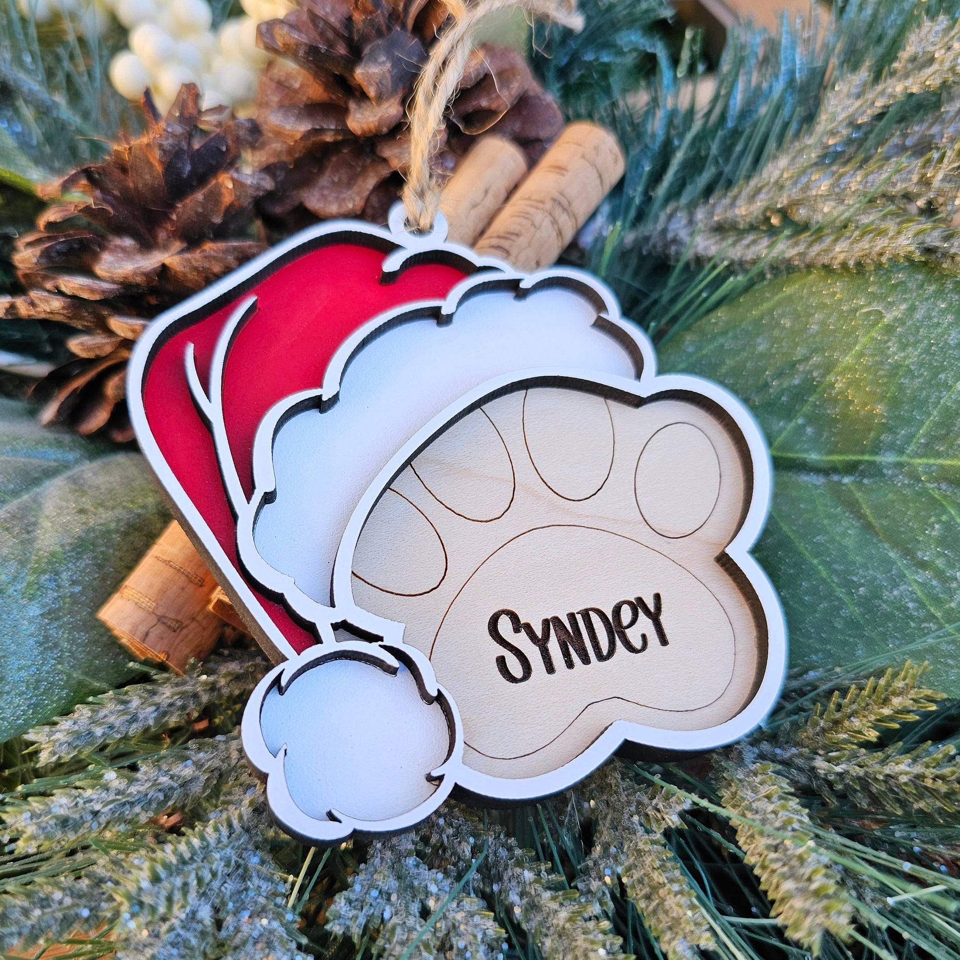 Animal Paw Personalized Name Wood Christmas Ornament ~ Santa Paws ~ Personalized Dog Name ~ Cat Name ~ Elf ~ Reindeer ~ Santa Claus