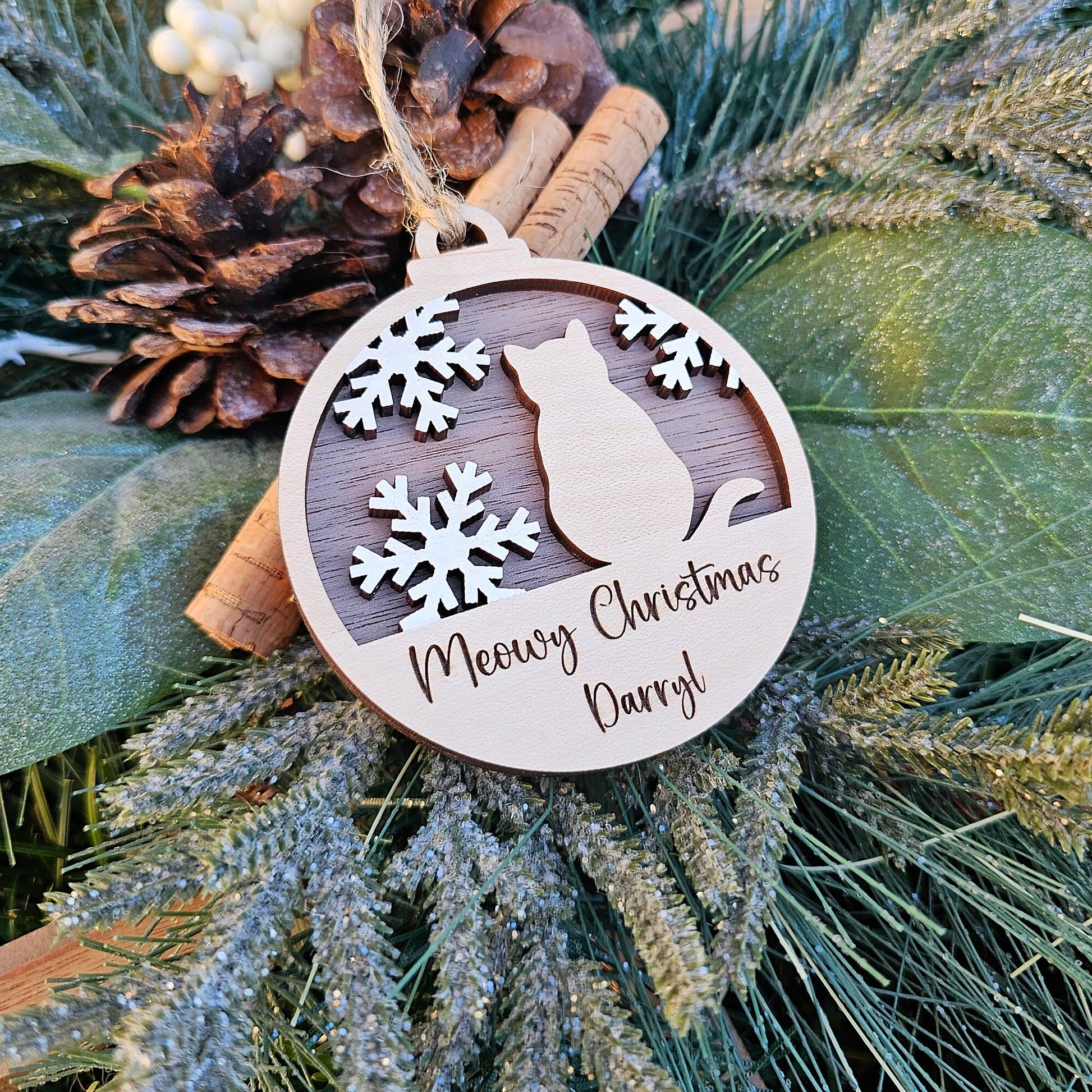 Meowy Christmas Personalized Christmas Ornament ~ Cat Name ~ Laser Engraved Wood Ornament