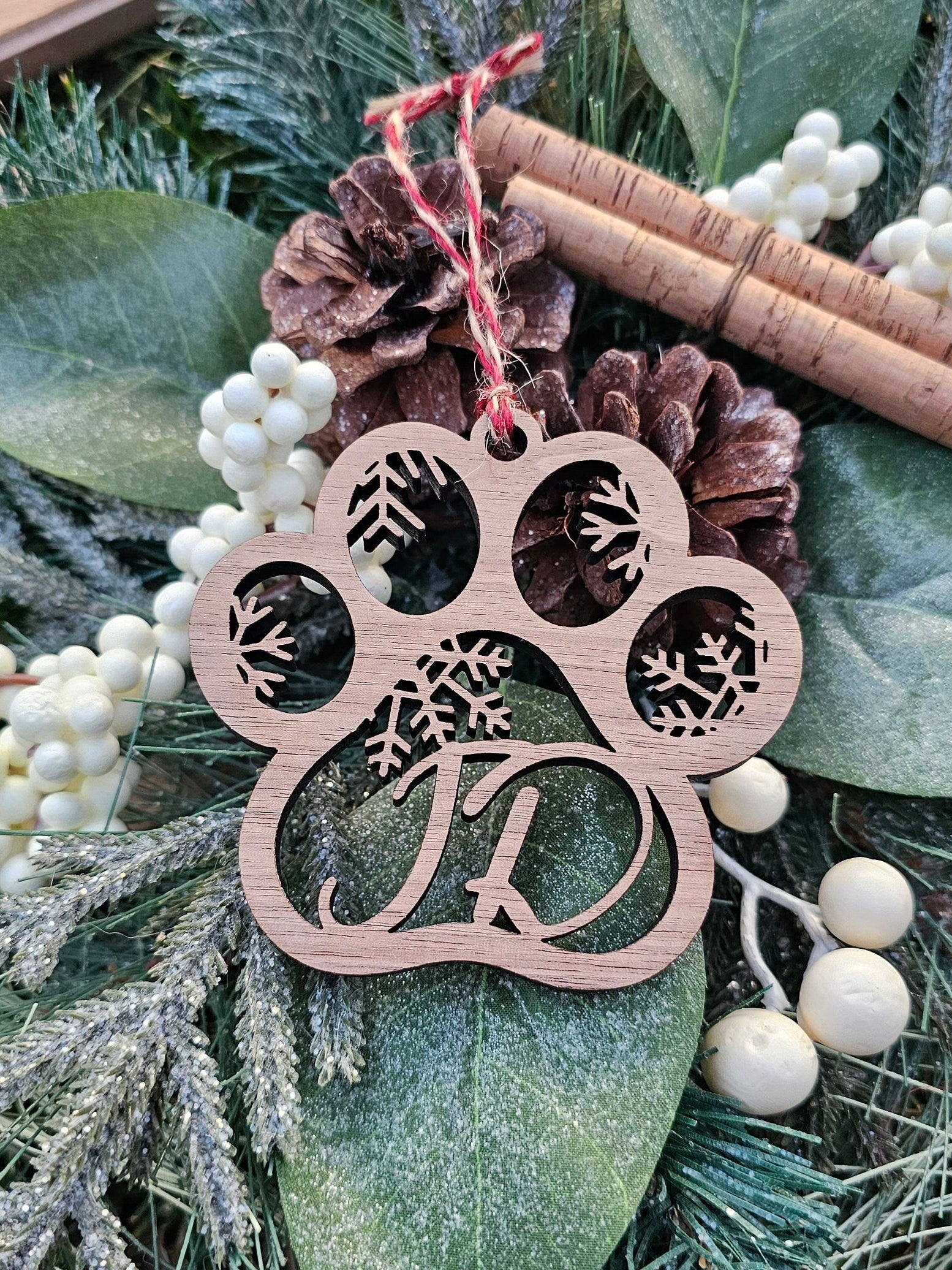 Animal Paw Personalized Name Wood Christmas Ornament ~ Dog Name ~ Cat Name ~ Laser Wood