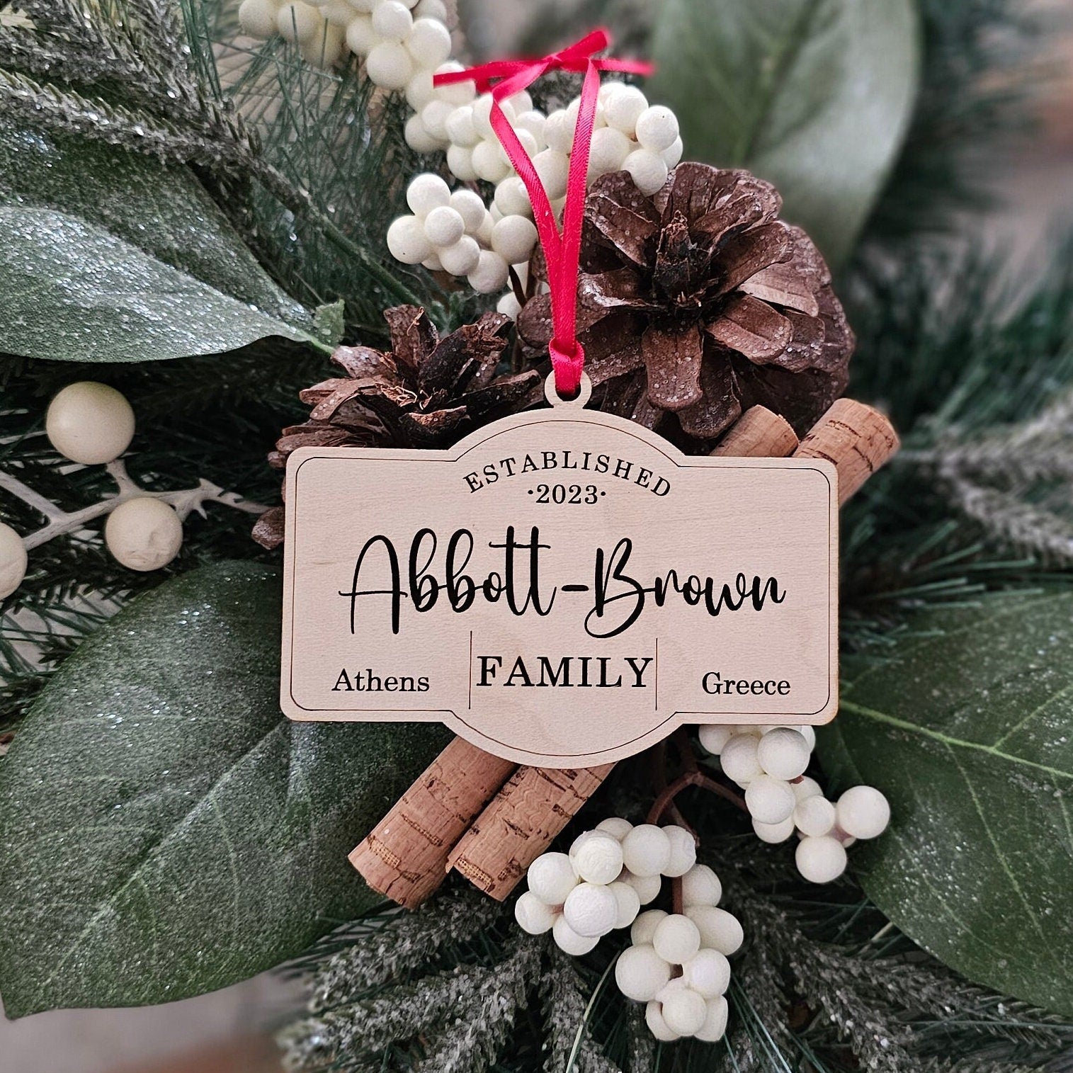 Family Christmas Ornament ~ Surname Ornament ~ Last Name Ornament ~ Laser Engraved Wooden Ornament ~ Our First Christmas ~ Location Ornament