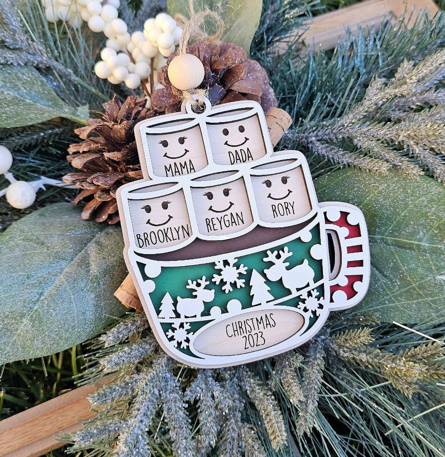 Personalized Christmas Ornament ~ Hot Chocolate ~ Marshmallows ~ Mug ~ Merry Christmas ~ Kids names ~ Family Ornament ~ 2023 Personalised