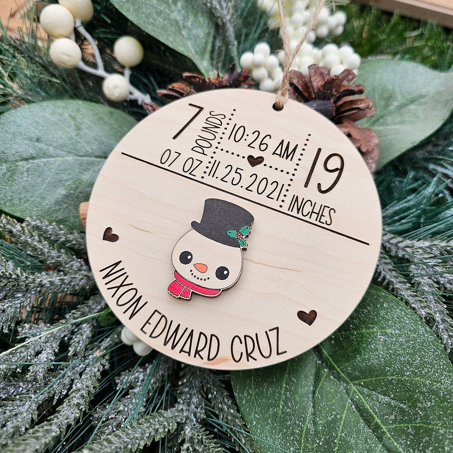 Birth Stat Personalized Baby's First Christmas Ornament ~ Laser Engraved Wooden Ornament ~ Baby Weight ~ Baby Height ~ New Parents