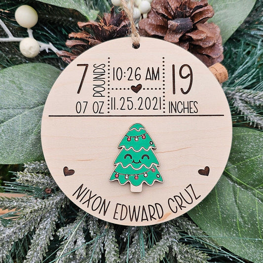 Birth Stat Personalized Baby's First Christmas Ornament ~ Laser Engraved Wooden Ornament ~ Baby Weight ~ Baby Height ~ New Parents