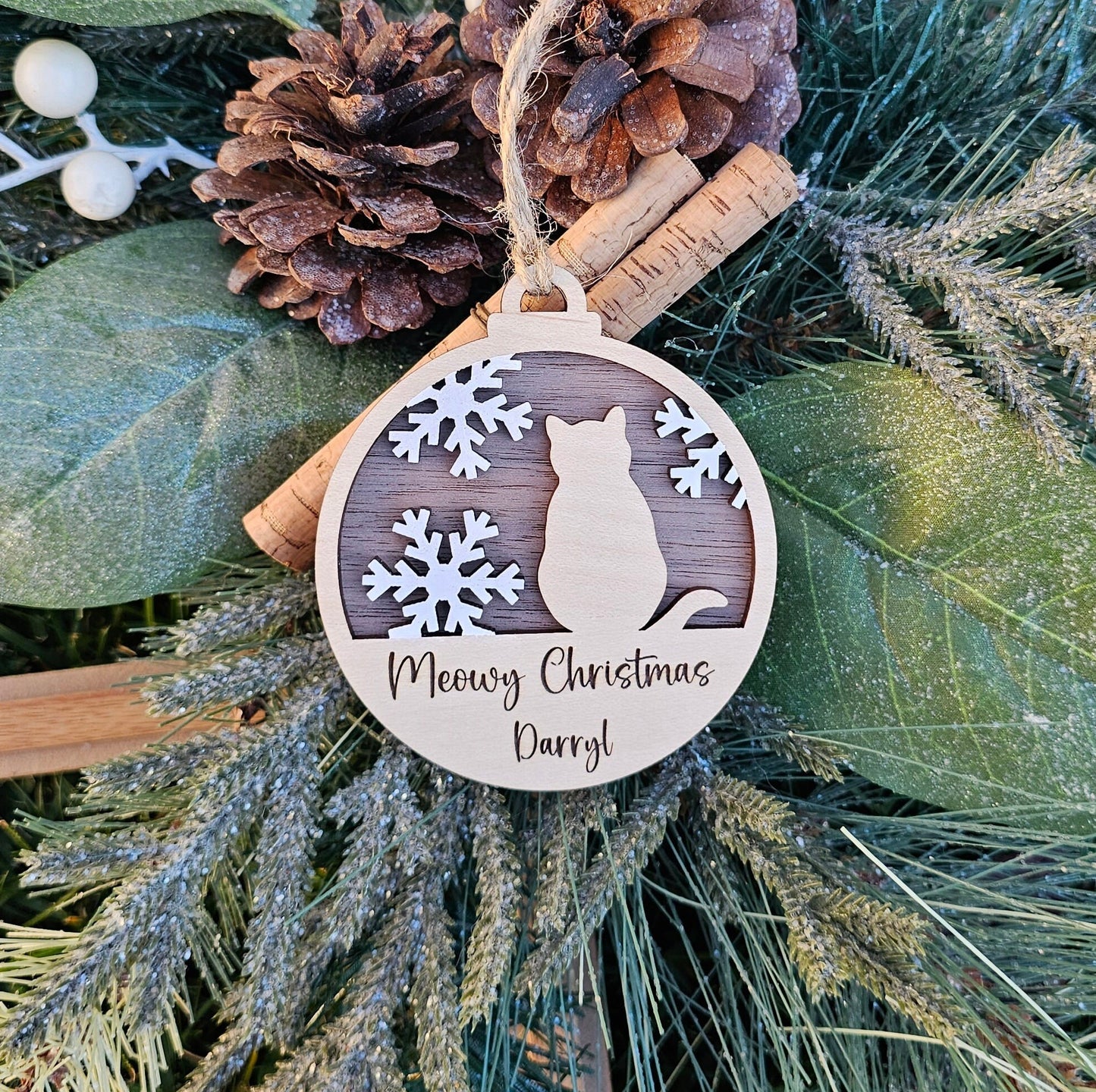 Meowy Christmas Personalized Christmas Ornament ~ Cat Name ~ Laser Engraved Wood Ornament